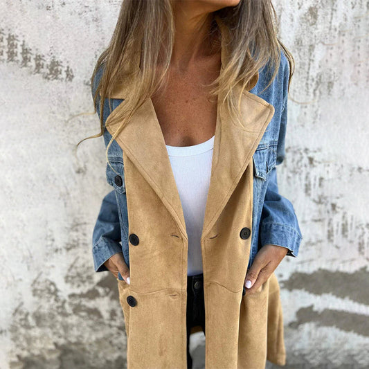 Mid-length trench coat with denim jeans seams