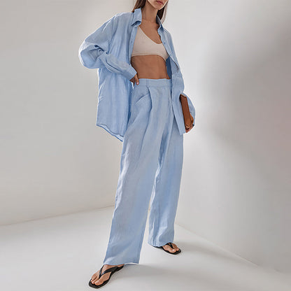 Button-Down Shirt & Wide-Leg Pants 2-Piece Set