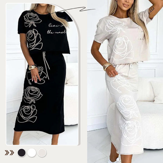 🎉New Hot Sales - 75% OFF💕Women's casual two-piece floral T-shirt and mid-length skirt set