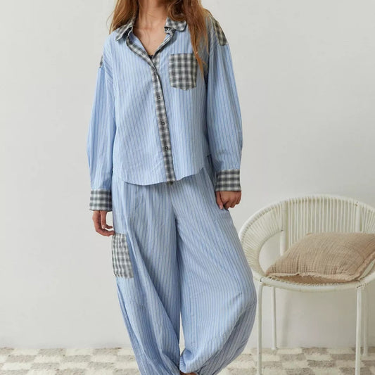 Women's Plaid Shirt & Pants 2-Piece Pajama Set