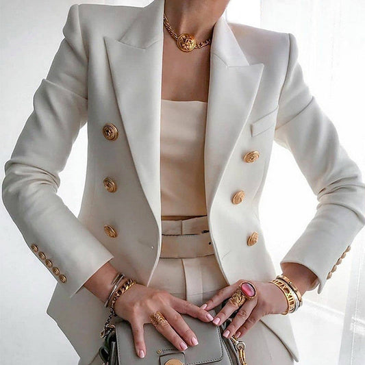 Trendy women's blazers with velvet gold buttons.