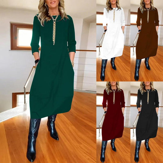 🎀Limited Sale 49% OFF🎀Women’s Casual Solid Color Round-neck Dress with Pockets