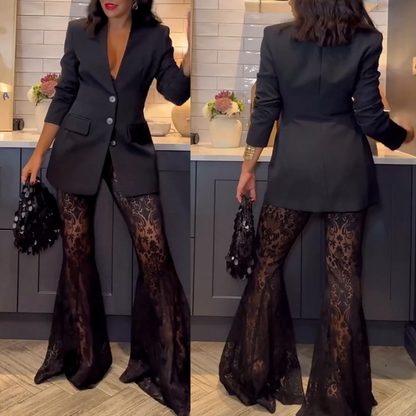 💖Limited Time Sale 49% OFF💖Stylish Blazer & See Through Flared Pants 2 PCS Set