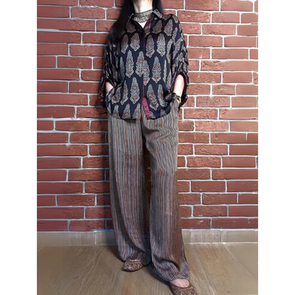 💥Hot Sale🍃Women's Fashion Loose Casual Printed Shirt and Striped Wide Leg Pants Set