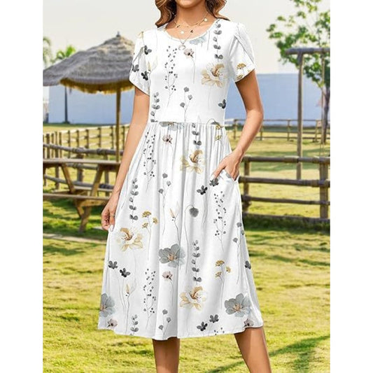 👗Women's Elegant Round Neck Midi Dress with Pockets