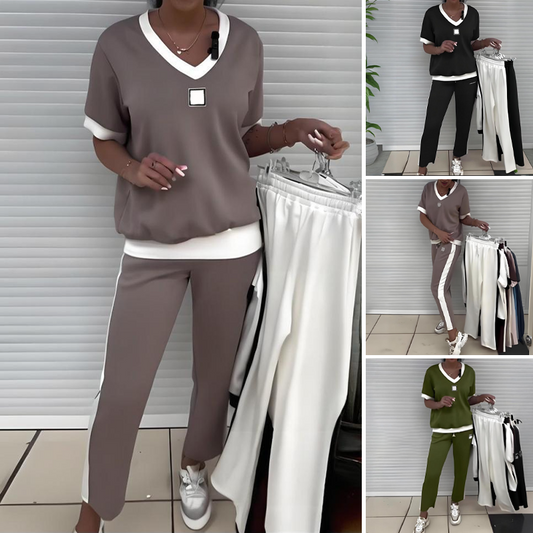 🚚Livraison gratuite💜Ensemble pantalon et top décontracté à col en V pour femmes💜